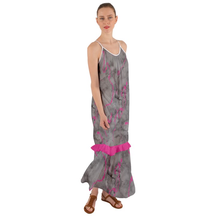 Marble light gray with bright magenta pink veins texture floor background retro neon 80s style neon colors print luxuous real marble Cami Maxi Ruffle Chiffon Dress