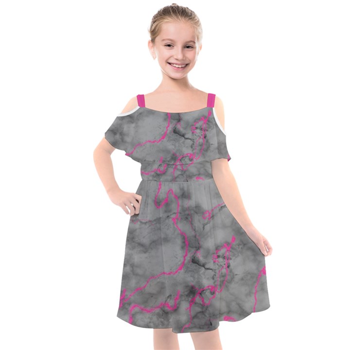 Marble light gray with bright magenta pink veins texture floor background retro neon 80s style neon colors print luxuous real marble Kids  Cut Out Shoulders Chiffon Dress