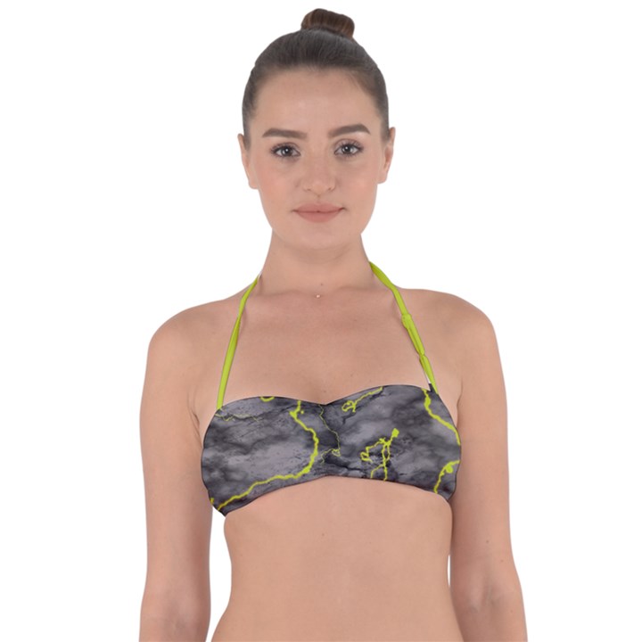 Marble light gray with green lime veins texture floor background retro neon 80s style neon colors print luxuous real marble Halter Bandeau Bikini Top