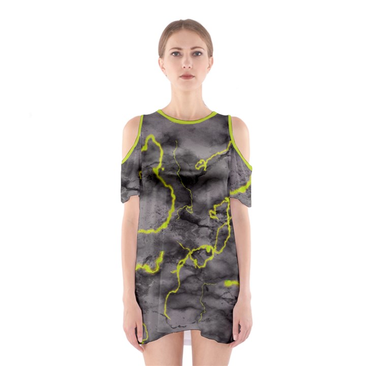 Marble light gray with green lime veins texture floor background retro neon 80s style neon colors print luxuous real marble Shoulder Cutout One Piece Dress