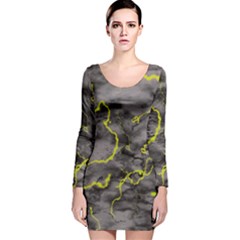 Marble Light Gray With Green Lime Veins Texture Floor Background Retro Neon 80s Style Neon Colors Print Luxuous Real Marble Long Sleeve Velvet Bodycon Dress by genx