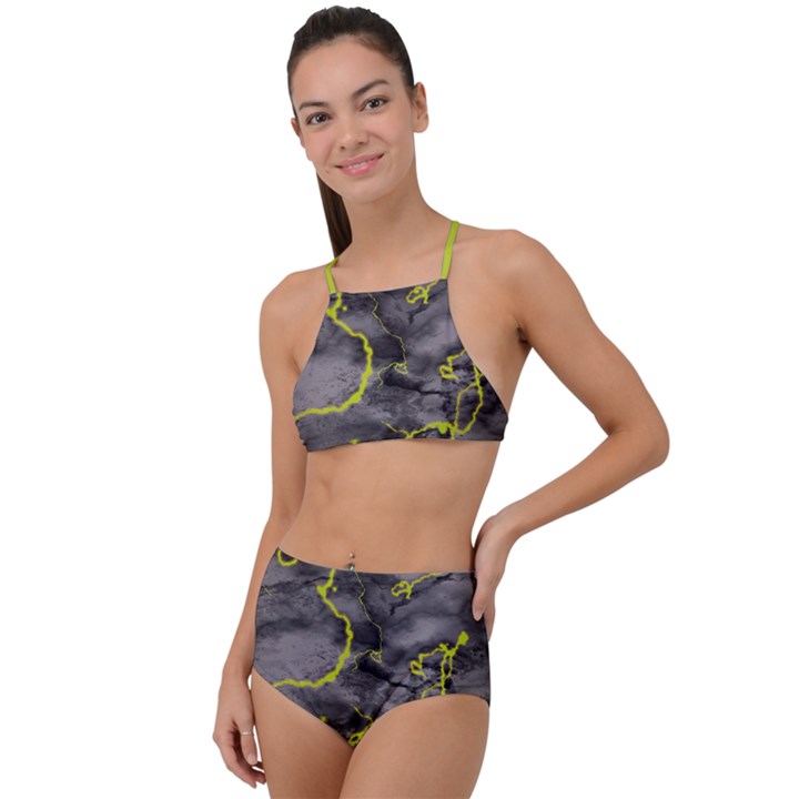 Marble light gray with green lime veins texture floor background retro neon 80s style neon colors print luxuous real marble High Waist Tankini Set