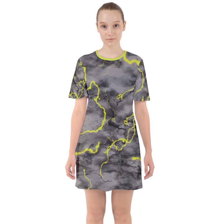 Marble light gray with green lime veins texture floor background retro neon 80s style neon colors print luxuous real marble Sixties Short Sleeve Mini Dress