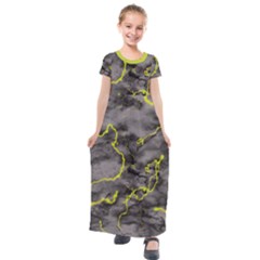 Marble Light Gray With Green Lime Veins Texture Floor Background Retro Neon 80s Style Neon Colors Print Luxuous Real Marble Kids  Short Sleeve Maxi Dress by genx