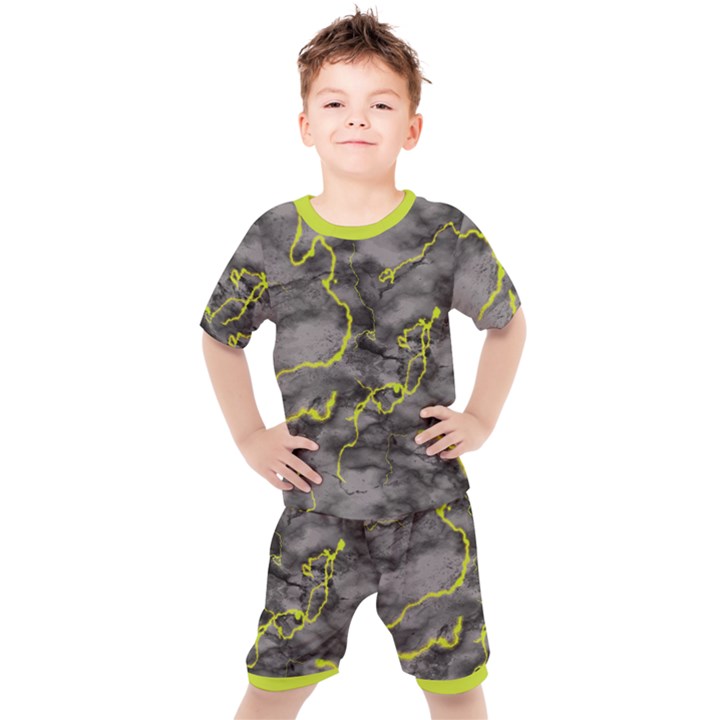 Marble light gray with green lime veins texture floor background retro neon 80s style neon colors print luxuous real marble Kids  Tee and Shorts Set