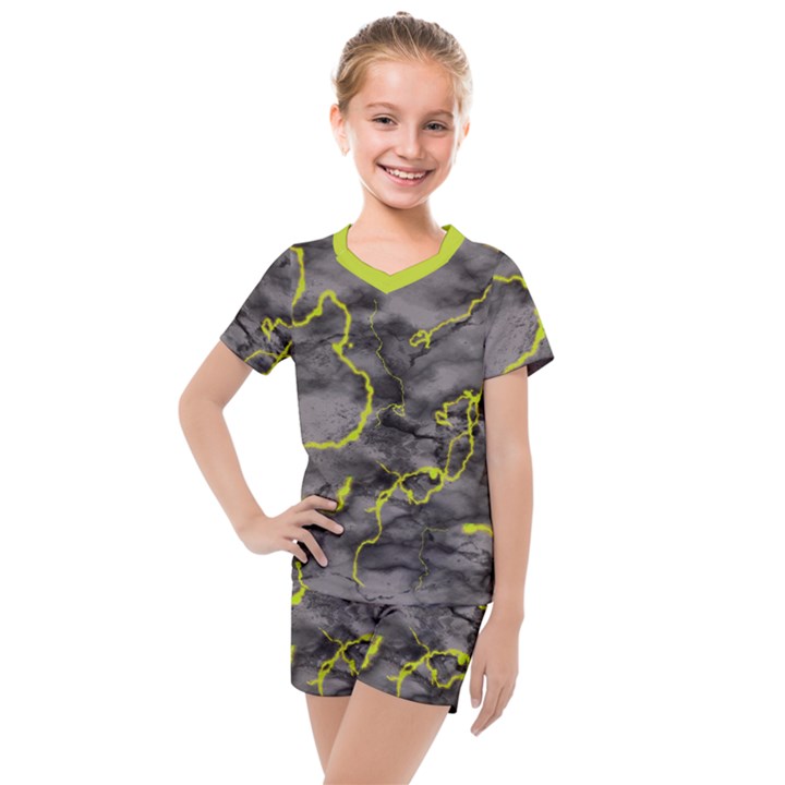 Marble light gray with green lime veins texture floor background retro neon 80s style neon colors print luxuous real marble Kids  Mesh Tee and Shorts Set