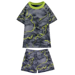 Marble Light Gray With Green Lime Veins Texture Floor Background Retro Neon 80s Style Neon Colors Print Luxuous Real Marble Kids  Swim Tee And Shorts Set by genx