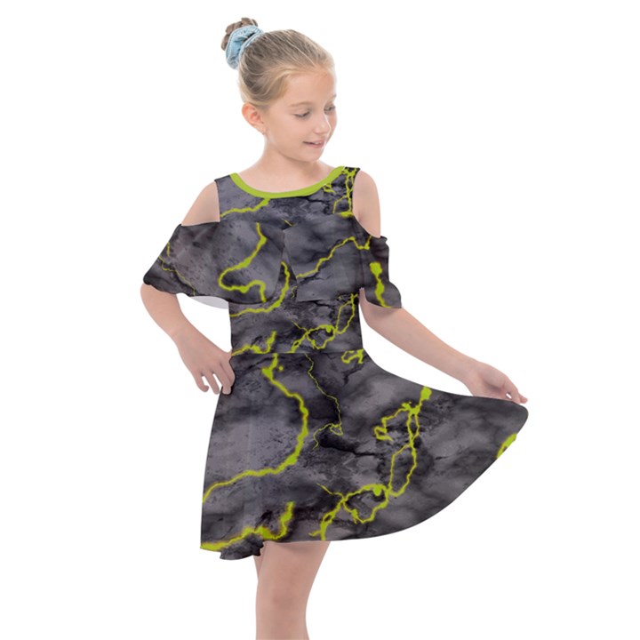 Marble light gray with green lime veins texture floor background retro neon 80s style neon colors print luxuous real marble Kids  Shoulder Cutout Chiffon Dress