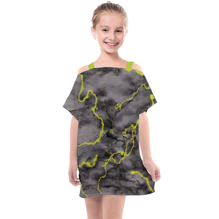 Marble light gray with green lime veins texture floor background retro neon 80s style neon colors print luxuous real marble Kids  One Piece Chiffon Dress