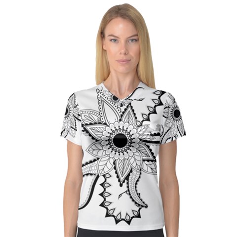 Elegant Decorative Abstract Flower V-neck Sport Mesh Tee by FantasyWorld7