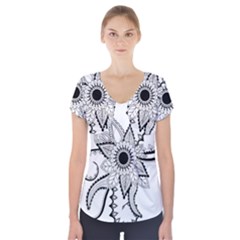 Elegant Decorative Abstract Flower Short Sleeve Front Detail Top by FantasyWorld7