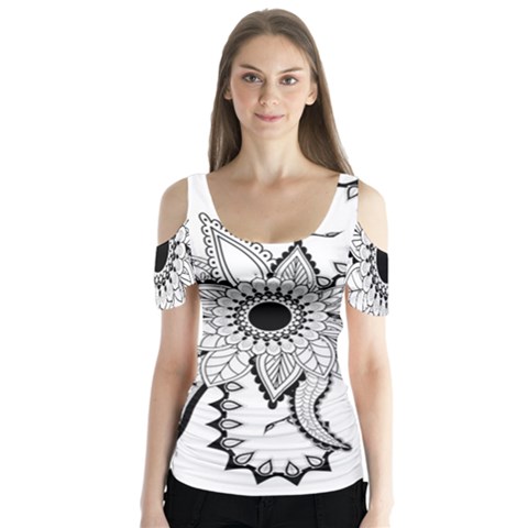 Elegant Decorative Abstract Flower Butterfly Sleeve Cutout Tee  by FantasyWorld7