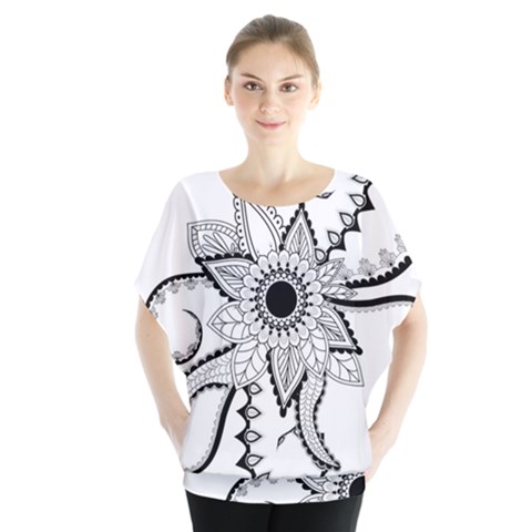 Elegant Decorative Abstract Flower Batwing Chiffon Blouse by FantasyWorld7