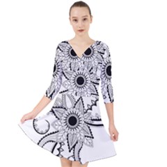 Elegant Decorative Abstract Flower Quarter Sleeve Front Wrap Dress by FantasyWorld7