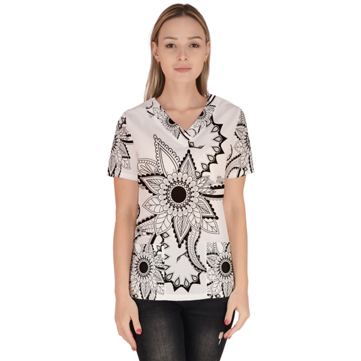 Elegant Decorative Abstract Flower Women s V-Neck Scrub Top