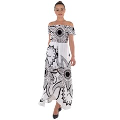 Elegant Decorative Abstract Flower Off Shoulder Open Front Chiffon Dress