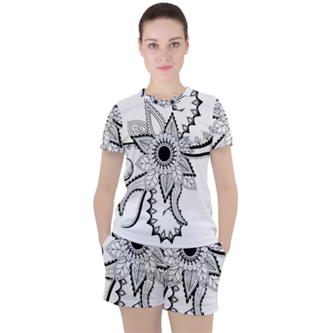 Elegant Decorative Abstract Flower Women s Tee And Shorts Set by FantasyWorld7