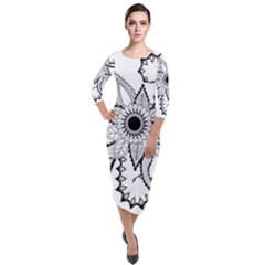 Elegant Decorative Abstract Flower Quarter Sleeve Midi Velour Bodycon Dress by FantasyWorld7