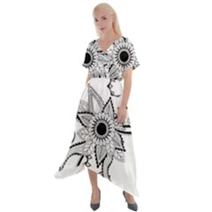 Elegant Decorative Abstract Flower Cross Front Sharkbite Hem Maxi Dress