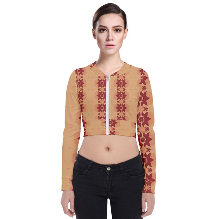 Brown Flower Long Sleeve Zip Up Bomber Jacket