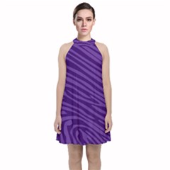 Pattern Texture Purple Velvet Halter Neckline Dress 