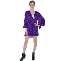 Pattern Texture Purple V-neck Flare Sleeve Mini Dress