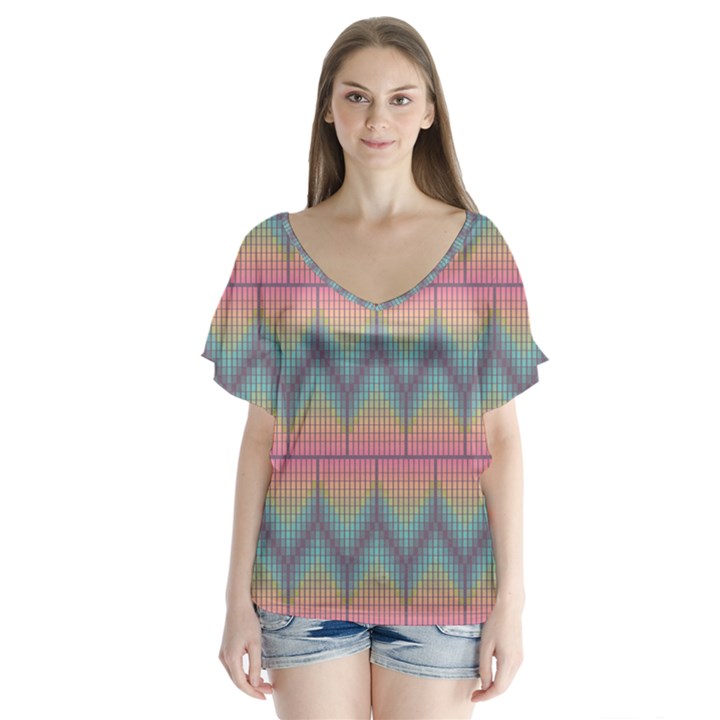 Pattern Background Texture Colorful V-Neck Flutter Sleeve Top