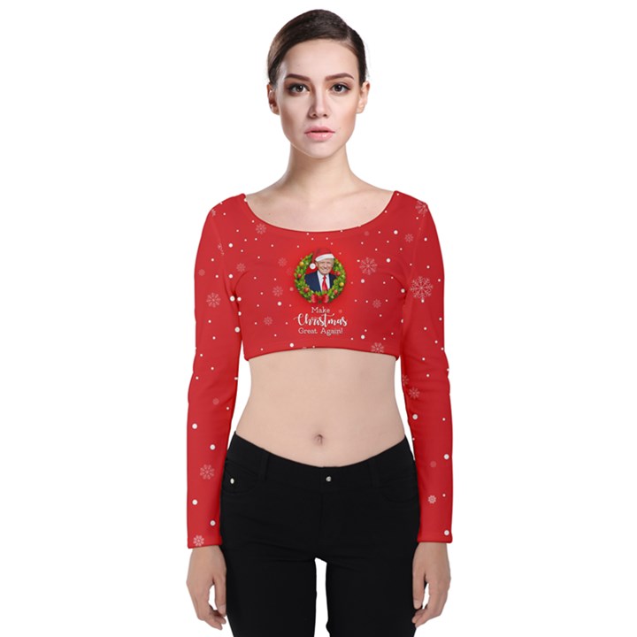 Make Christmas Great Again with Trump Face MAGA Velvet Long Sleeve Crop Top