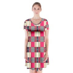 Background Texture Plaid Red Short Sleeve V-neck Flare Dress