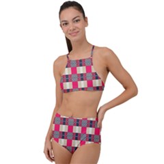 Background Texture Plaid Red High Waist Tankini Set by HermanTelo