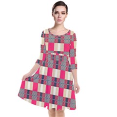 Background Texture Plaid Red Quarter Sleeve Waist Band Dress