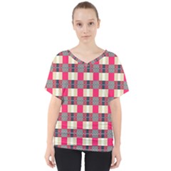 Background Texture Plaid Red V-neck Dolman Drape Top