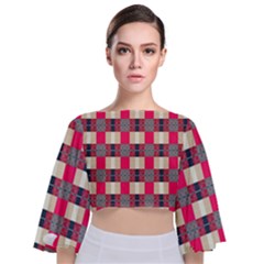 Background Texture Plaid Red Tie Back Butterfly Sleeve Chiffon Top