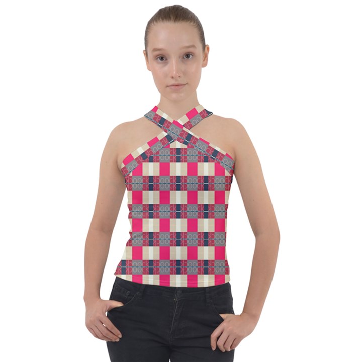 Background Texture Plaid Red Cross Neck Velour Top