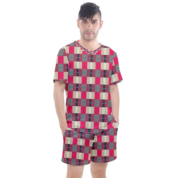 Background Texture Plaid Red Men s Mesh Tee and Shorts Set