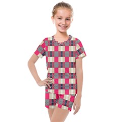 Background Texture Plaid Red Kids  Mesh Tee And Shorts Set