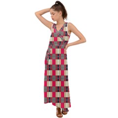 Background Texture Plaid Red V-neck Chiffon Maxi Dress