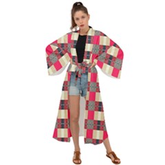 Background Texture Plaid Red Maxi Kimono