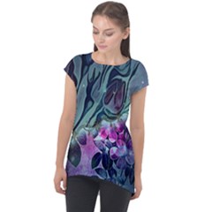 Decorative Floral Design Cap Sleeve High Low Top by FantasyWorld7