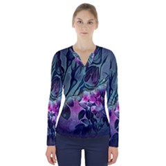 Decorative Floral Design V-neck Long Sleeve Top by FantasyWorld7