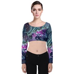 Decorative Floral Design Velvet Long Sleeve Crop Top by FantasyWorld7