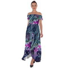 Decorative Floral Design Off Shoulder Open Front Chiffon Dress