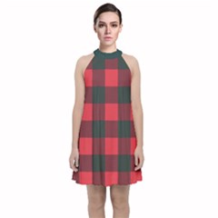 Canadian Lumberjack Red And Black Plaid Canada Velvet Halter Neckline Dress  by snek