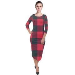 Canadian Lumberjack Red And Black Plaid Canada Quarter Sleeve Midi Velour Bodycon Dress by snek