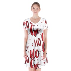 Christmas Watercolor Hohoho Red Handdrawn Holiday Organic And Naive Pattern Short Sleeve V-neck Flare Dress by genx