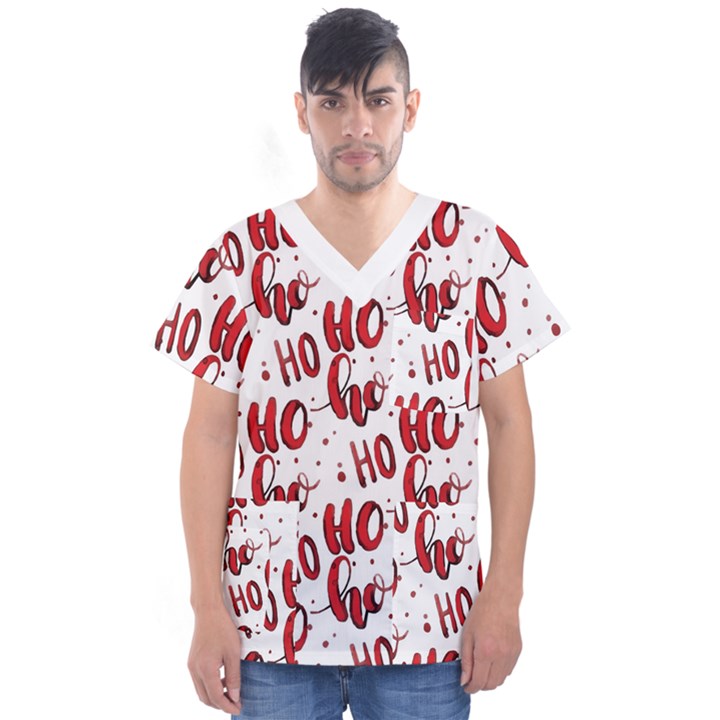 Christmas Watercolor hohoho red handdrawn holiday organic and naive pattern Men s V-Neck Scrub Top