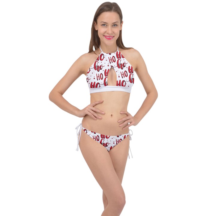 Christmas Watercolor hohoho red handdrawn holiday organic and naive pattern Cross Front Halter Bikini Set