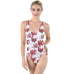 Christmas Watercolor Hohoho Red Handdrawn Holiday Organic And Naive Pattern High Leg Strappy Swimsuit by genx