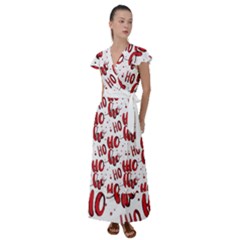 Christmas Watercolor Hohoho Red Handdrawn Holiday Organic And Naive Pattern Flutter Sleeve Maxi Dress by genx