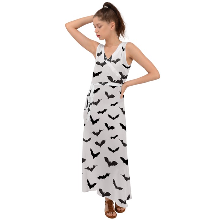 Bats Pattern V-Neck Chiffon Maxi Dress